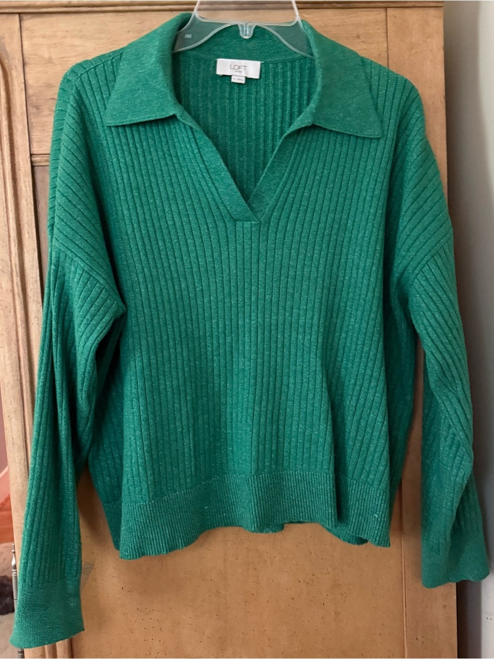 LOFT Emerald Green Ribbed Johnny Collar V-Neck Sweater - Ladies M